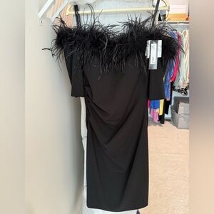 XSCAPE Black Feather Trim Cocktail Dress Size 12 NWT